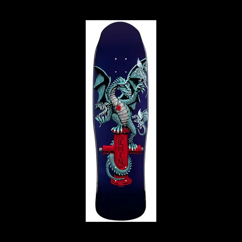 Powell Peralta Hydrant Dragon skateboard deck: Navy deck with a teal scaled dragon with red eyes perched on a red fire hydrant, its tail coiled around the base, with smaller grey dragons flying around it. Oriental-style characters on the hydrant.