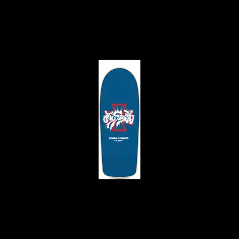 Powell Peralta Jay Smith Model skateboard deck: A jagged, spiky hand-lettered signature in white and red sits over a red hourglass-like cross shape on a blue stained deck, with the Powell Peralta re-issue logo beneath.
