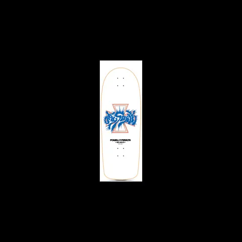 Powell Peralta Jay Smith Model White skateboard deck: Spiky blue hand-drawn signature lettering over an orange outlined cross shape in the middle of a white deck, with a small Powell Peralta re-issue logo below.