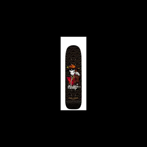 Powell Peralta Kevin Harris Mountie Black skateboard deck: A skeleton in a red tunic and brown mountie hat with a signature beside it, on a black deck covered in a faint orange geometric star pattern. Powell Peralta logo below.