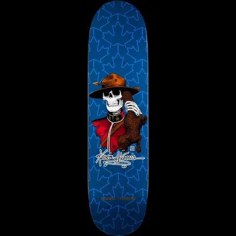 Powell Peralta Kevin Harris Mountie Navy skateboard deck: Royal blue deck with a pattern of darker maple leaves behind a skeleton in a red Mountie jacket and hat, holding a brown beaver, with a Kevin Harris signature.