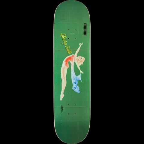 Powell Peralta Liberty Belle Limited Edition - Shape 170 skateboard deck: Green deck textured like an aircraft's riveted metal skin, with a vintage nose-art pin-up woman in a red swimsuit arching back and holding a blue flag with a white star. Yellow script name beside her.