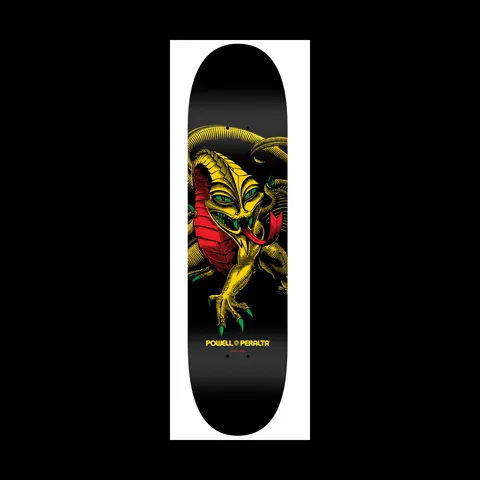 Powell Peralta LIGAMENT BL Cab Dragon 3 skateboard deck: A yellow engraved-style dragon with green eyes, red underbelly and red tongue coils across a black deck, with the logo below.