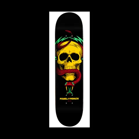 Powell Peralta LIGAMENT BL Skull & Snake 6 skateboard deck: A yellow skull with a red snake coiled through its jaw, topped with green lightning bolts, on a black deck with a Powell Peralta logo below.