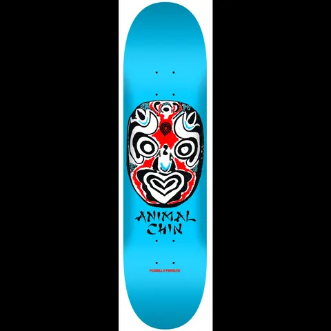 Powell Peralta LIGAMENT Chin Mask Blue skateboard deck: A black, white and red opera-style face mask with swirling patterns sits on a bright sky-blue deck. Brush-style black lettering reading Animal Chin sits beneath it, with a small Powell Peralta logo near the tail.