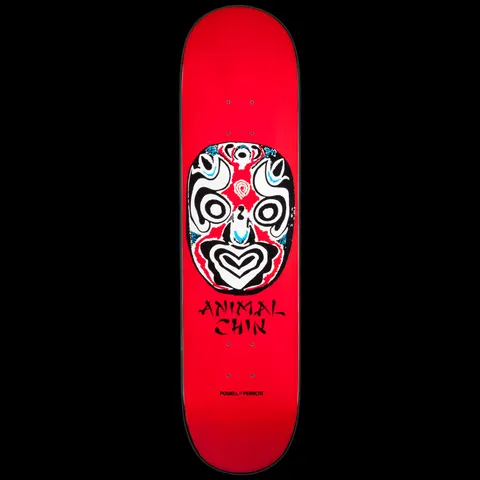 Powell Peralta LIGAMENT Chin Mask Red skateboard deck: A white, black and red opera-style face mask with blue accents, above ANIMAL CHIN in brush lettering, on a bright red deck. Powell Peralta logo near the tail.