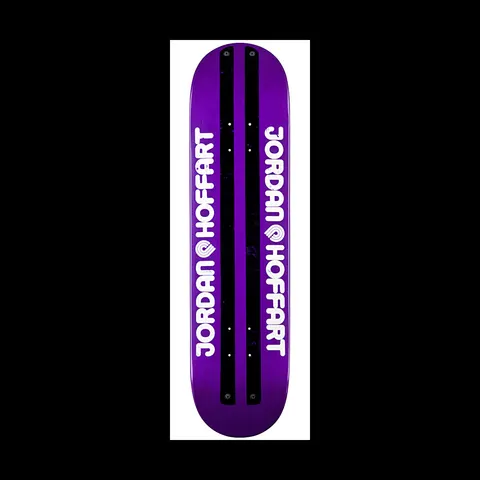 Powell Peralta LIGAMENT Jordan Hoffart Faux Beamer skateboard deck: The rider's name is printed twice in white rounded capitals beside the Powell Peralta logo, either side of two black printed rails, on a purple deck.