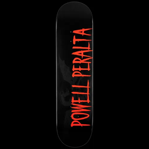 Powell Peralta LIGAMENT Logo Black skateboard deck: Black deck with the Powell Peralta name running along its length in large ragged red capitals, over a faint dark-grey winged creature.