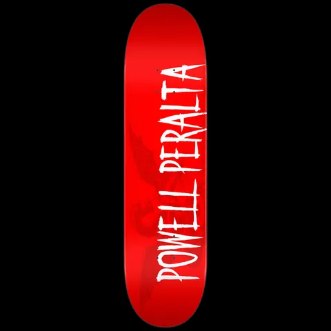 Powell Peralta LIGAMENT Logo Red skateboard deck: Large white jagged, hand-drawn letters spell Powell Peralta along the length of a red deck, over a faint tone-on-tone winged dragon figure.
