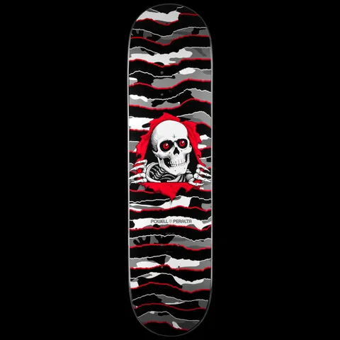 Powell Peralta LIGAMENT New School Ripper 3 skateboard deck: Torn camouflage-stripe deck in black, greys and white with red edges, with the Ripper skull and red eyes bursting through a red ripped hole, skeletal hands gripping the edges.