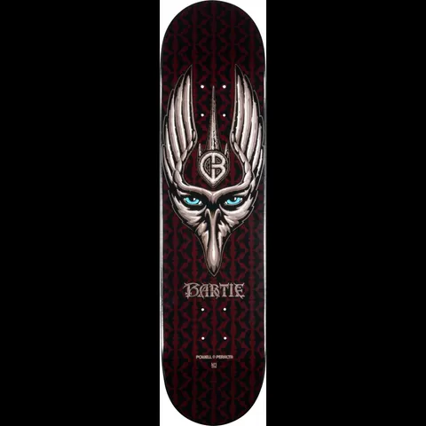 Powell Peralta LIGAMENT Pro Chad Bartie Crow skateboard deck: A silver crow head with winged crest, glowing blue eyes and a CB shield emblem, above 'Bartie' in gothic lettering, on a dark red and black repeating pattern.