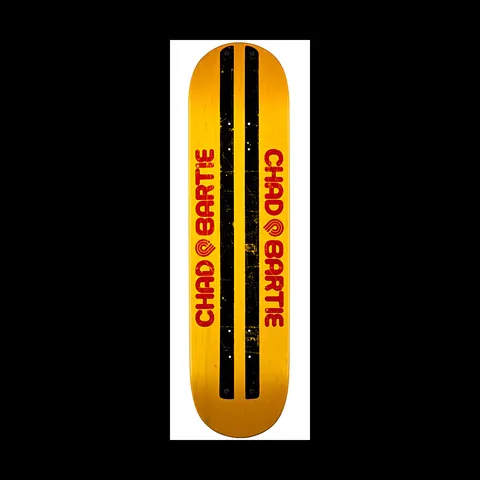 Powell Peralta LIGAMENT Pro Chad Bartie Faux Beamer skateboard deck: The rider's name printed twice in worn red lettering with a Powell Peralta swirl logo, either side of two black strips, on a plain orange-yellow deck that imitates the look of a beamer-style board.