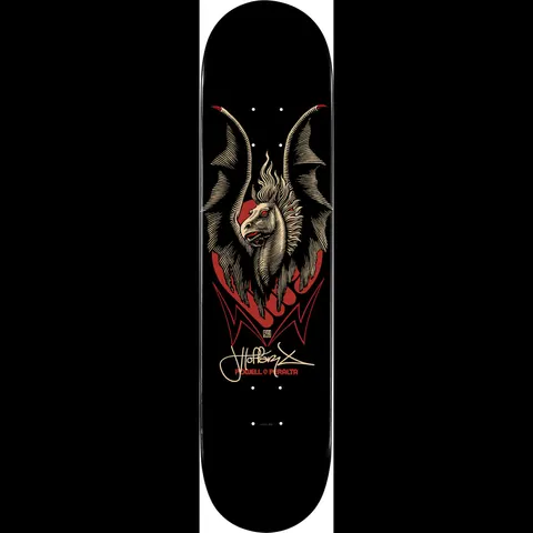 Powell Peralta LIGAMENT Pro Hoffart Pegasus 3 skateboard deck: A winged horse-like creature with red eyes and spread bat wings in cream line engraving sits over red flames and a zigzag shape, with a gold signature, on a black deck.