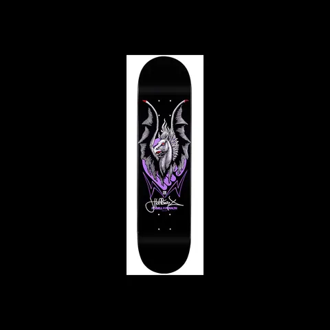 Powell Peralta LIGAMENT Pro Jordan Hoffart Pegasus 1 skateboard deck: A grey and white winged Pegasus head with red eyes in front of purple flames, on a black deck. A signature and the Powell Peralta logo in purple sit beneath it.