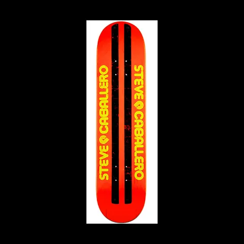 Powell Peralta LIGAMENT Pro Steve Caballero Faux Beamer skateboard deck: The rider's name is printed twice in yellow rounded capitals beside the Powell Peralta logo, either side of two black printed rails, on a red-orange deck.