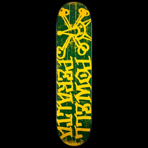 Powell Peralta LIGAMENT Vato Rat 4 skateboard deck: Dark green deck with a distressed yellow Bones Brigade-style Vato Rat emblem of a skull with crossed bones at top, and Powell Peralta in rough hand-lettered yellow capitals running below.