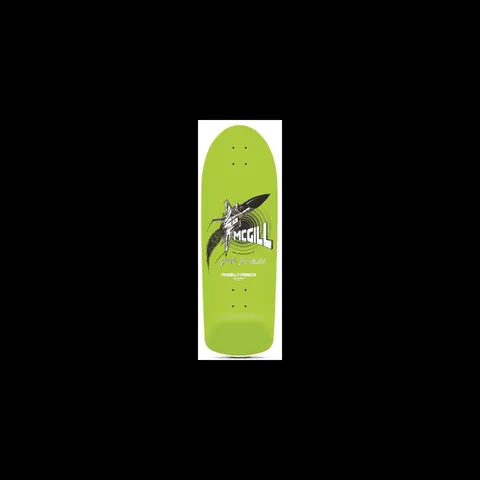 Powell Peralta McGill F-14 Jet Fighter skateboard deck: White illustrated F-14 jet fighter diving through concentric rings with the rider surname in large letters and a signature, on a lime green old-school deck. Powell Peralta logo at the bottom.