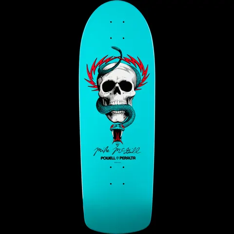 Powell Peralta McGill Skull and Snake Turquoise Blem skateboard deck: A white skull entwined with a teal snake, with red lightning-bolt shapes behind, on a turquoise deck. Mike McGill's signature and the Powell Peralta logo are printed beneath.