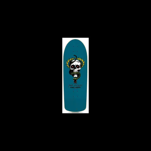 Powell Peralta McGill Skull & Snake Blue skateboard deck: Skull with red eyes and a green snake coiled through it, framed by yellow lightning bolts, with a signature and Powell Peralta logo below, on a blue deck.