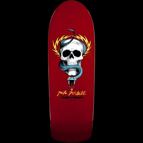 Powell Peralta Mike McGill Skull and Snake Burgundy skateboard deck: A detailed illustration of a white skull with a blue snake coiled around it, framed by yellow lightning bolts, on a burgundy deck. A yellow signature and the Powell Peralta logo sit beneath.