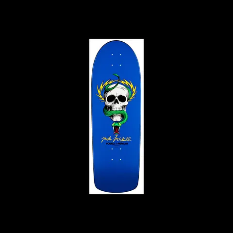 Powell Peralta Mike McGill Skull & Snake Blue skateboard deck: A white skull with a green snake coiled around it and yellow lightning bolts behind, on a royal blue deck. A yellow signature and the Powell Peralta logo sit below.