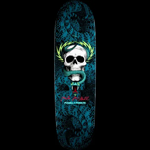 Powell Peralta Mike McGill Snake Skin Funshape skateboard deck: White skull with a teal snake coiled through its jaw and a yellow-green lightning wreath, over a teal and black snakeskin-pattern background. Signature and Powell Peralta logo below.