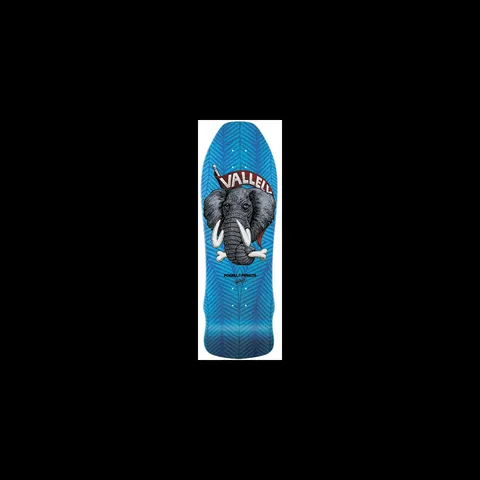 Powell Peralta Mike Vallely Blue Reject Elephant skateboard deck: A grey elephant head with white tusks and a bone in its trunk sits under red Vallely lettering with a dagger, on a blue deck patterned with herringbone lines.