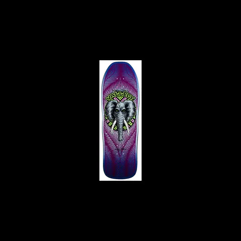 Powell Peralta Mike Vallely Elephant - Purple skateboard deck: A grey elephant head with tusks inside a green circular emblem with pink patterning, above the name Vallely, on a purple deck with a feathered line pattern and blue edges.