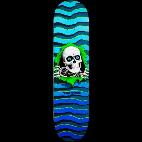 Powell Peralta New School Ripper Blem skateboard deck: Ripper skull with blue eyes and skeletal hands bursting through a green tear, over wavy ripped bands in blue, teal and lime. Powell Peralta logo below the skull.