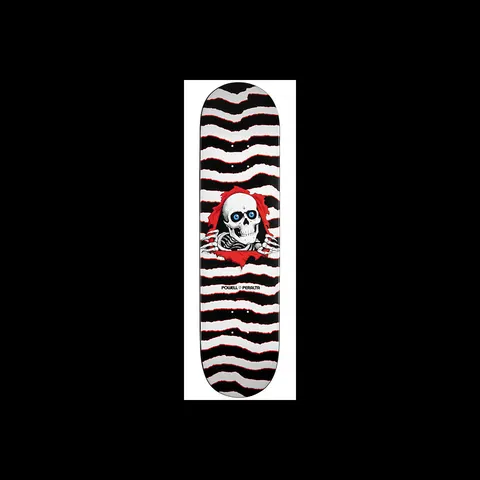 Powell Peralta New School Ripper skateboard deck: Skull with blue eyes and skeletal hands tearing through a red rip in the deck, over wavy torn-edge black and white stripes with red edging.