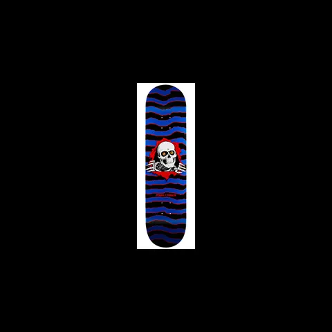 Powell Peralta New School Ripper skateboard deck: Skull with orange eyes and skeletal hands tearing through a red rip in the deck, over wavy torn-edge blue, black and red stripes.