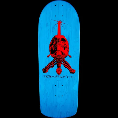 Powell Peralta OG Rodriguez Snub Nose SAS Blem Blue skateboard deck: A red skull and bones with a sword through the skull, ending in a starburst, with Ray Bones Rodriguez signature below. Printed on a blue stained old-school snub nose deck.