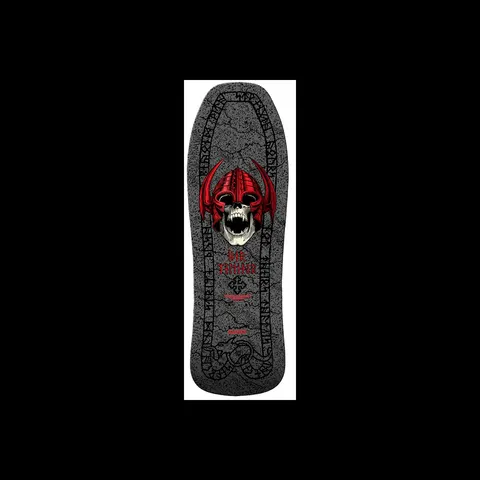 Powell Peralta Per Welinder Nordic Skull Gray skateboard deck: A white skull in a red horned Viking helmet with its mouth open, on a cracked grey stone-effect deck bordered by a runic inscription and a serpent at the tail. Welinder's name and a Celtic knot sit beneath the skull.
