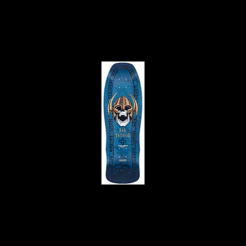 Powell Peralta Per Welinder Nordic Skull Blue skateboard deck: A white skull in a gold horned Viking helmet with its mouth open, on a cracked blue stone-effect deck bordered by a runic inscription and a serpent at the tail. Welinder's name in runes and a Celtic cross sit beneath the skull.