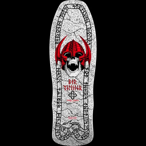Powell Peralta Per Welinder Nordic Skull White skateboard deck: A white skull in a red horned Viking helmet with its mouth open, on a cracked white stone-effect deck bordered by a black runic inscription and a serpent at the tail. Welinder's name in red runes and a Celtic cross sit beneath.