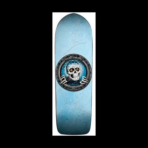 Powell Peralta Pool Light Ripper Turquoise skateboard deck: A white skull with amber eyes and skeletal hands bursts out of a round grey porthole-style frame with a blue brick interior, on a pale blue cracked-texture deck.