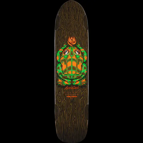 Powell Peralta Pro Byron Essert Mini Frog Flight - Shape 306 skateboard deck: A green and orange frog with a skull-like pattern on its back sits in the centre of a dark brown woodgrain-textured deck, with a flame-like tuft above. Signature and Flight text below.