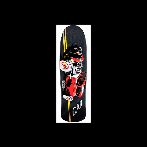 Powell Peralta Pro Caballero Red Hot Rod skateboard deck: A photographic red hot rod seen from above, with exposed engine, runs along a road with double yellow lines on a black deck, with a signature and the word in silver.