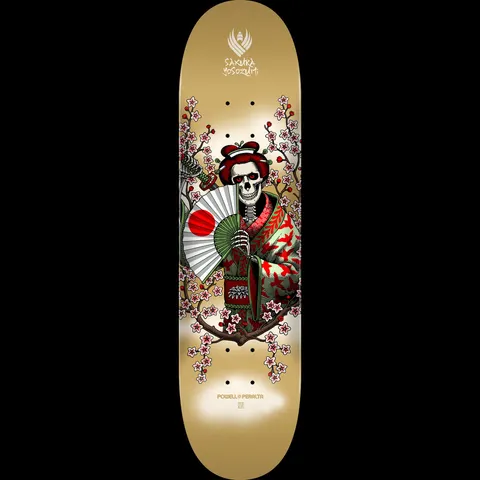 Powell Peralta Pro Yosozumi Samurai Gold FLIGHT - Shape 243 K20 skateboard deck: A skeleton in a red and green kimono holds a folding fan with a red sun, framed by cherry blossom branches and a sheathed sword, on a gold deck with the rider's name at the top.