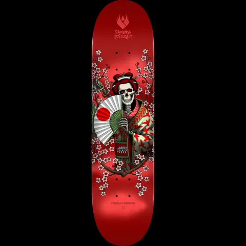 Powell Peralta Pro Flight Yosozumi Samurai Red - Shape 243 K20 skateboard deck: Skeleton dressed in a floral kimono holding a folded fan with a red sun, surrounded by cherry blossom branches and a katana, on a glossy metallic red deck.