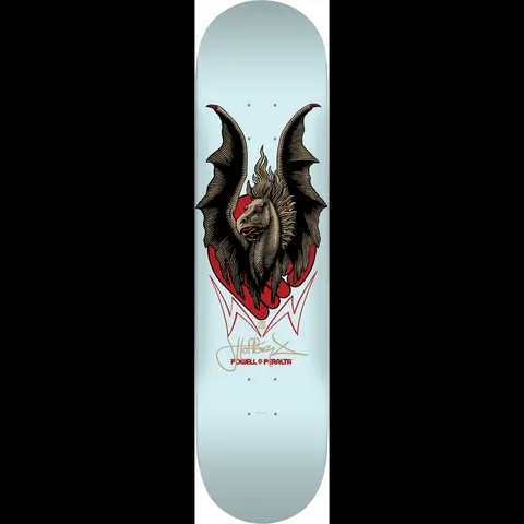 Powell Peralta Pro Hoffart Pegasus 4 skateboard deck: A winged horse with dark bat-like wings and red eyes drawn in engraved line style over a red shape, with a red zigzag line and a gold signature below, on a pale blue deck.