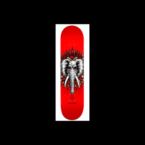 Powell Peralta Pro Mike Vallely Street Elephant skateboard deck: A grey elephant head with red eyes and white tusks sits in a spiked red, black and cream tribal sunburst on a red deck, with Vallely lettered across the top. The Powell Peralta logo is below.