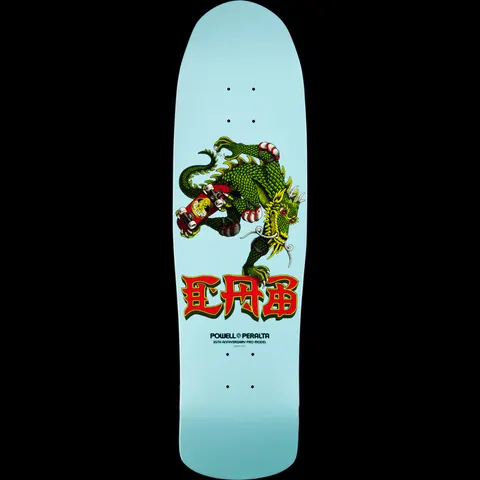 Powell Peralta Pro Steve Caballero 35th Year Anniversary Dragon skateboard deck: A green scaled dragon coiled around a red skateboard, with red Chinese-style lettering below and small Powell Peralta anniversary text, on a pale blue old-school shaped deck.