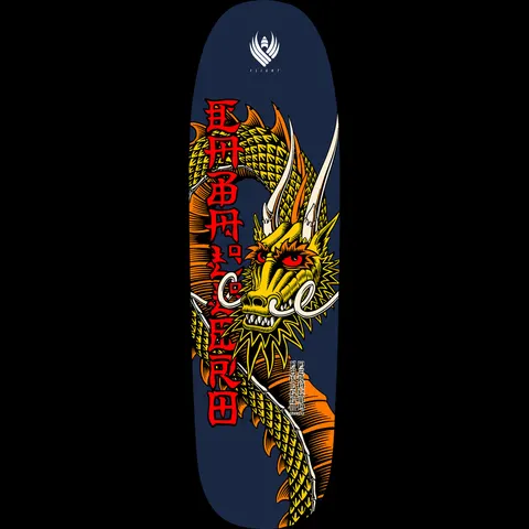Powell Peralta Pro Steve Caballero Ban This 4 Navy Flight Shape 192 K21 skateboard deck: Coiled yellow and orange Chinese-style dragon with red eyes and white horns, beside vertical red Japanese-style lettering, on a navy shaped deck with a white Flight logo at the top.