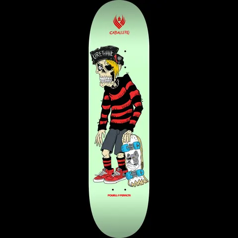 Powell Peralta Pro Steve Caballero Urethane "3" FLIGHT Mint- Shape 243 K20 skateboard deck: A cartoon skeleton skater in a black Urethane cap, red and black striped jumper, grey shorts and red shoes, holding a skateboard with a bulldog graphic, on a pale mint deck. A red winged Flight logo and Caballero's name are at the top.