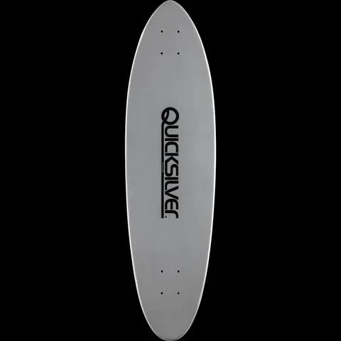 Powell Peralta Quicksilver Silver skateboard deck: A plain silver pintail-shaped deck with the black Quicksilver logo lettered vertically in the centre.