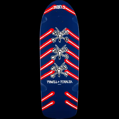 Powell Peralta Rat Bones Blem Navy skateboard deck: Three stacked Rat Bones skull-and-bones logos run down the centre of a navy old-school deck, flanked by red and white chevron-shaped stripes. Bones lettering sits at the nose and Powell Peralta text near the tail.