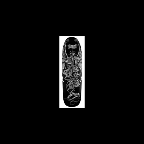 Powell Peralta Ray Barbee Death of the Ragdoll skateboard deck: Detailed silver engraving-style illustration on a black deck of a winged angel playing a lyre above a hooded skeletal figure, with a Latin banner at the top and a scroll reading Ray Barbee at the bottom.