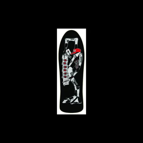 Powell Peralta Ray Barbee Rag Doll skateboard deck: A grey patchwork rag doll in a red cap marked R.B. holding a fanned row of playing cards, drawn on a black deck with a white outline.
