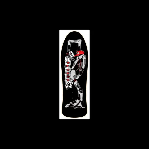 Powell Peralta Ray Barbee Rag Doll (Blem) skateboard deck: Patchwork rag doll in grey and white wearing a red cap marked R.B., holding a long fan of playing cards, on a black deck.
